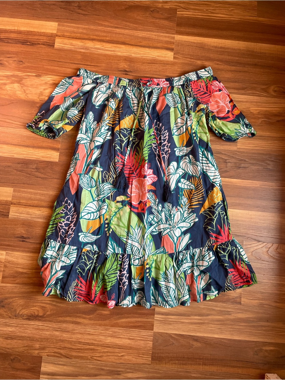 Tori Richard Off Shoulder Tropical Floral Cotton Ruffle Mini Dress M